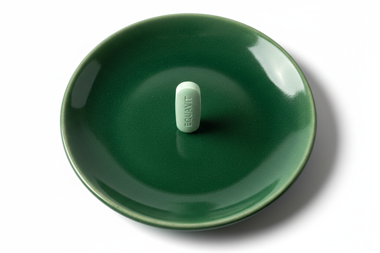 el fondo blanco la pastilla en verical el plato de porcelana verde mas oscuro y la pastilla mas verde claro con la marca equavit visible