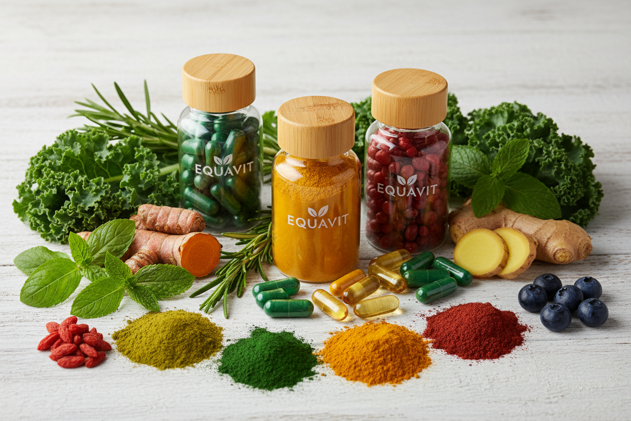una foto realista mezclando suplementos naturales y equavit